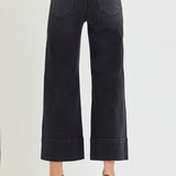 Tummy Control Mid Rise Crop Wide Black Denim - Risen Jeans - C3