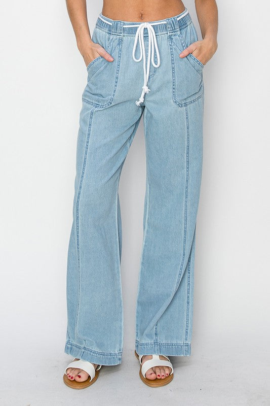 Risen Denim High Rise Wide Leg Elastic pants
