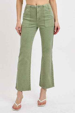 Olive - High Rise-Ankle Flare-Patch Pocket - Risen Jeans   D2