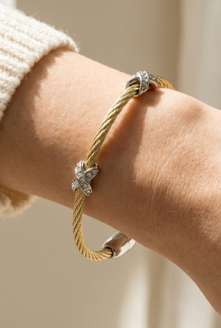 Twisted Cable Bracelet With Rhinestone X Accents