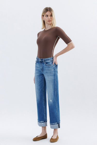 Cuffed High Rise Slim Wide leg Jeans - Flying Monkey.  F6