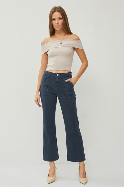 Blueberry - High-Rise Patch Pockets Ankle Flare Risen Jeans   D1