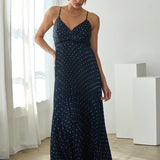 The Angelina Navy Dot Pleated Maxi Dress