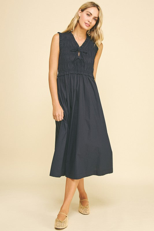 tie neck dress midi The Natalie Navy Tie Front Midi Dress
