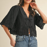 The Hendrix Black Eyelet Tie Front Blouse