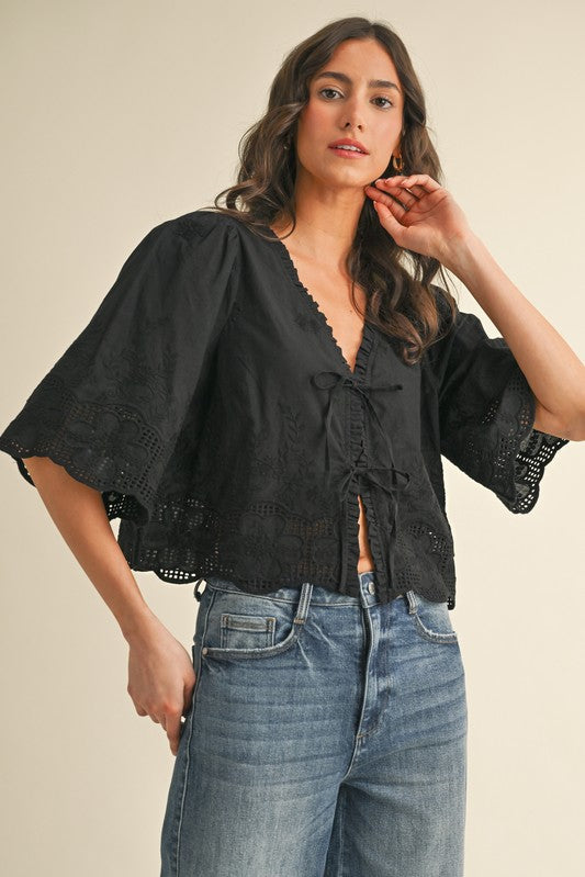 The Hendrix Black Eyelet Tie Front Blouse