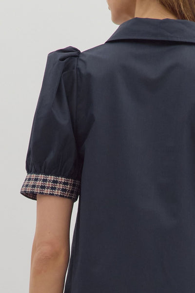 the Abigail Plaid Trim top