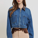 Cropped Leather Trimmed Denim Jacket