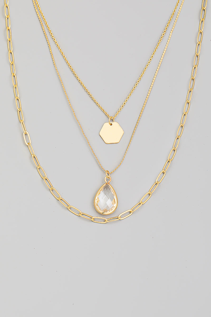 Layered Chain Clear Teardrop Charm Necklace