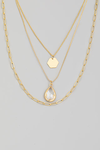 Layered Chain Clear Teardrop Charm Necklace