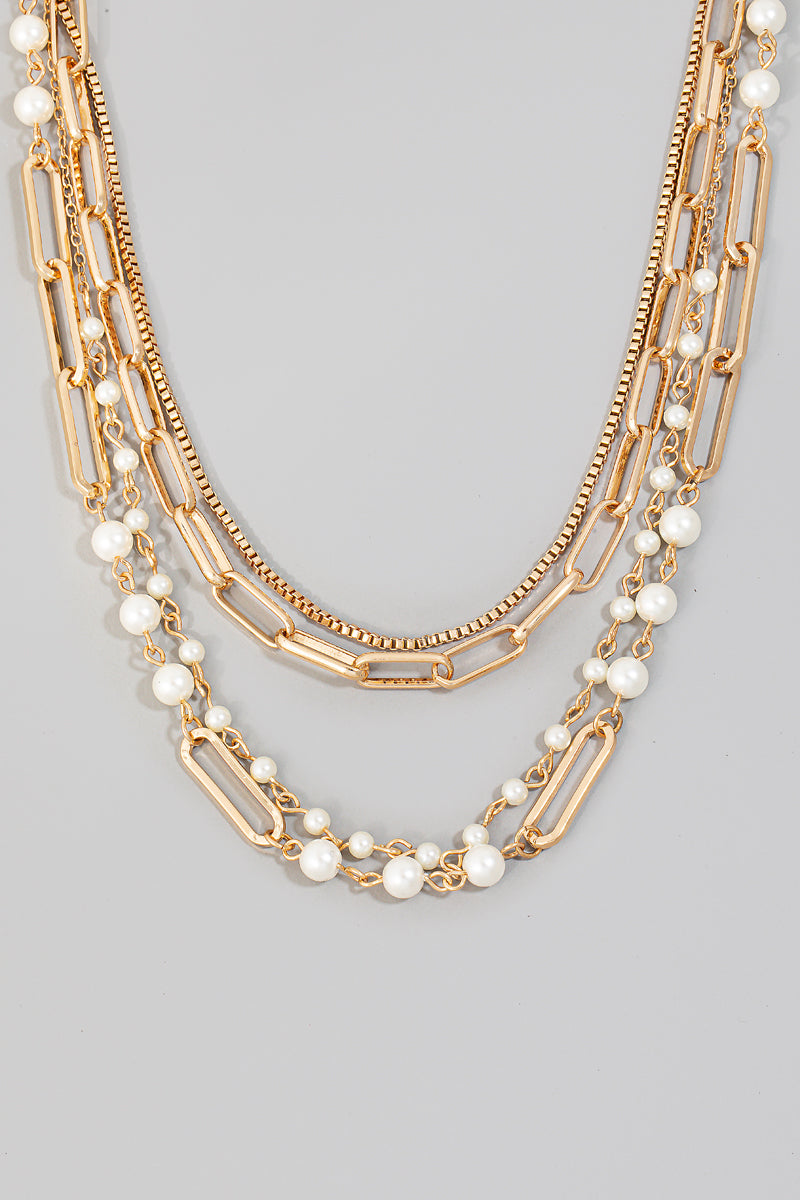 Pearl Beads Layered Chains Necklace