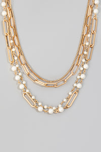 Pearl Beads Layered Chains Necklace