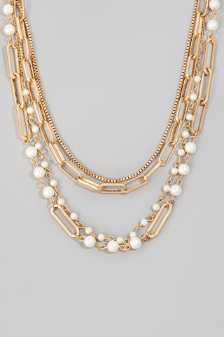 Pearl Beads Layered Chains Necklace