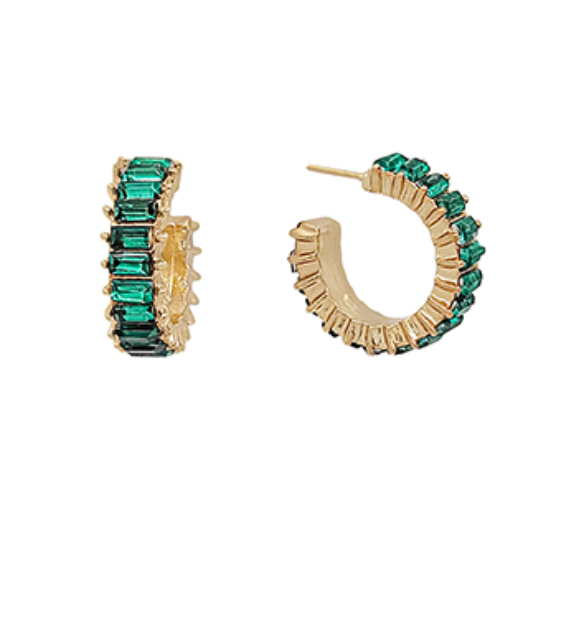 Green Emerald Baguette Hoops