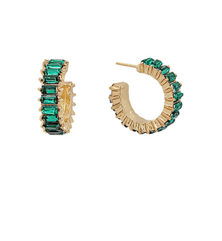Green Emerald Baguette Hoops