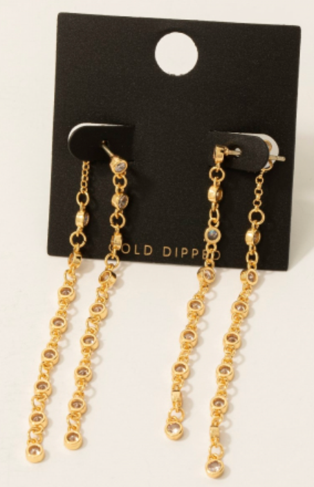 Double Layer Gold Dipped Cz Chain Dangle Earrings