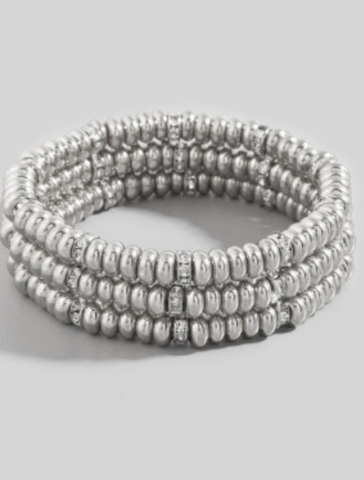 Silver Rhinestone And Metallic Disc Beaded Bracelet Set