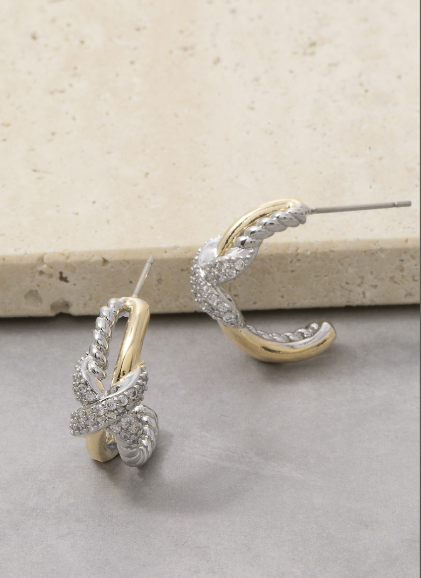 Two Tone Cable Twist Cz X Crossover Hoop Earrings