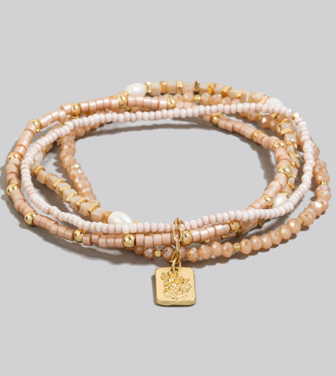Floral Coin Charm Layered Glass Beaded Bracelet Set