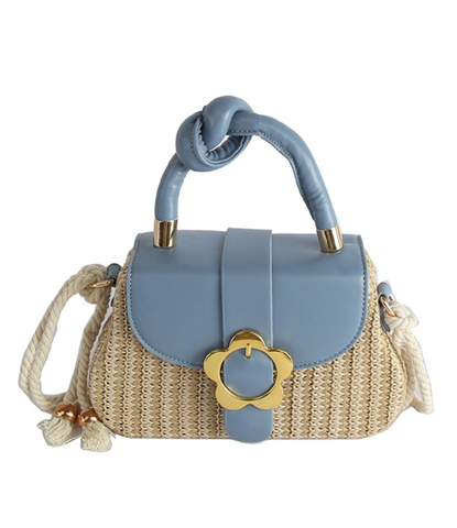 Blue Flower Buckle Flap Straw handbag