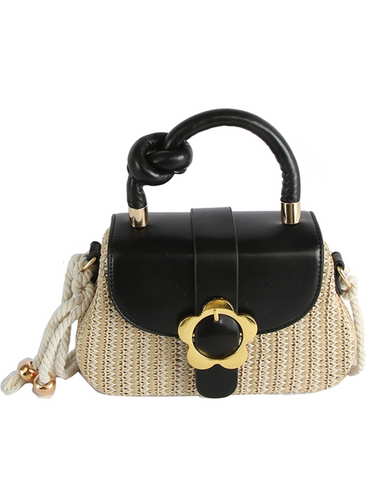 Black Flower Buckle Flap Straw handbag