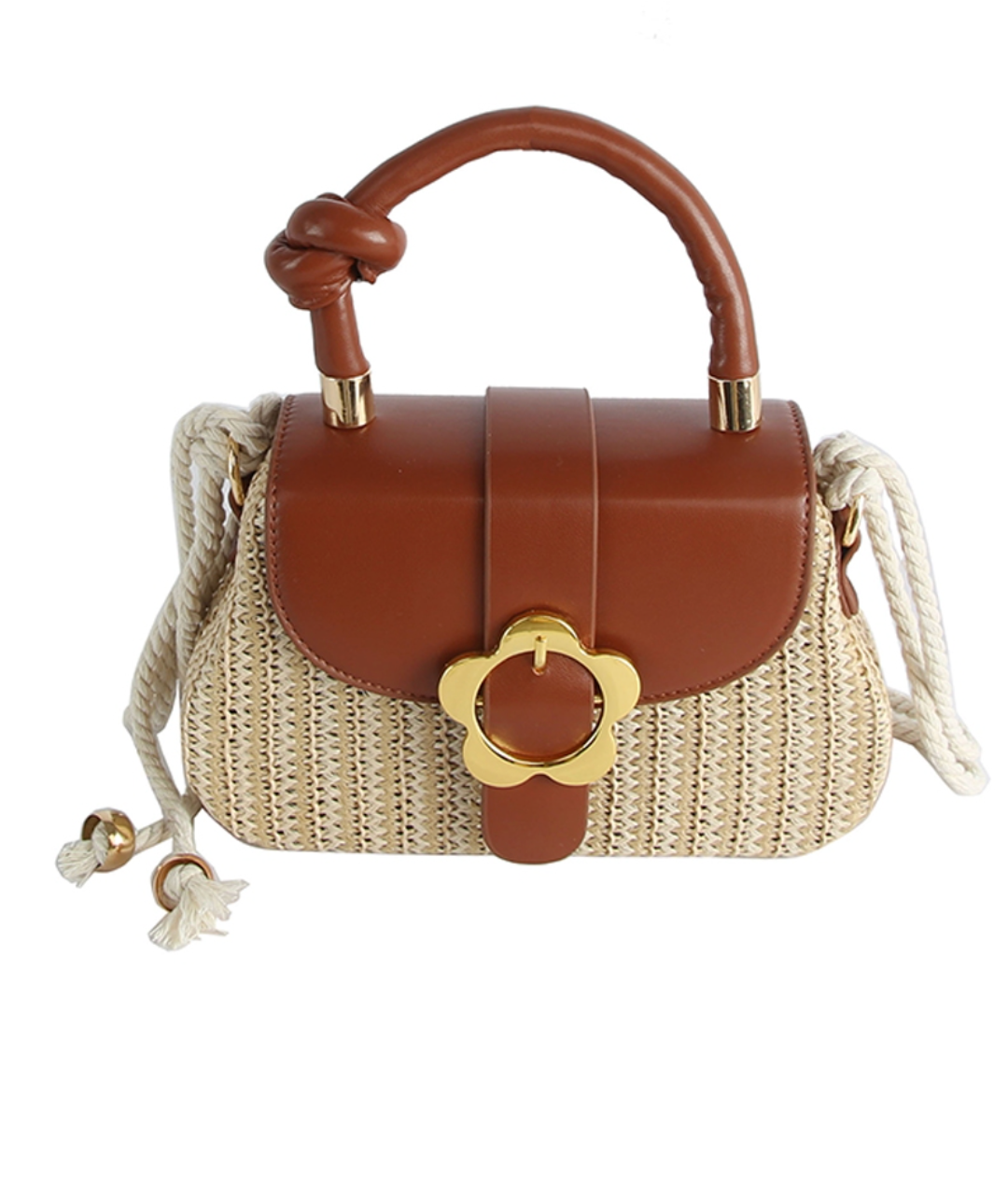 Brown Flower Buckle Flap Straw handbag