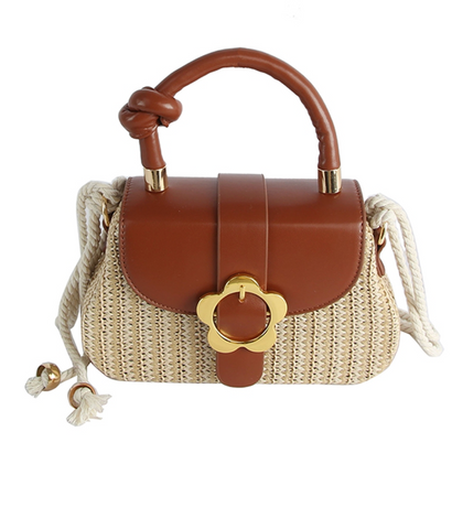 Brown Flower Buckle Flap Straw handbag