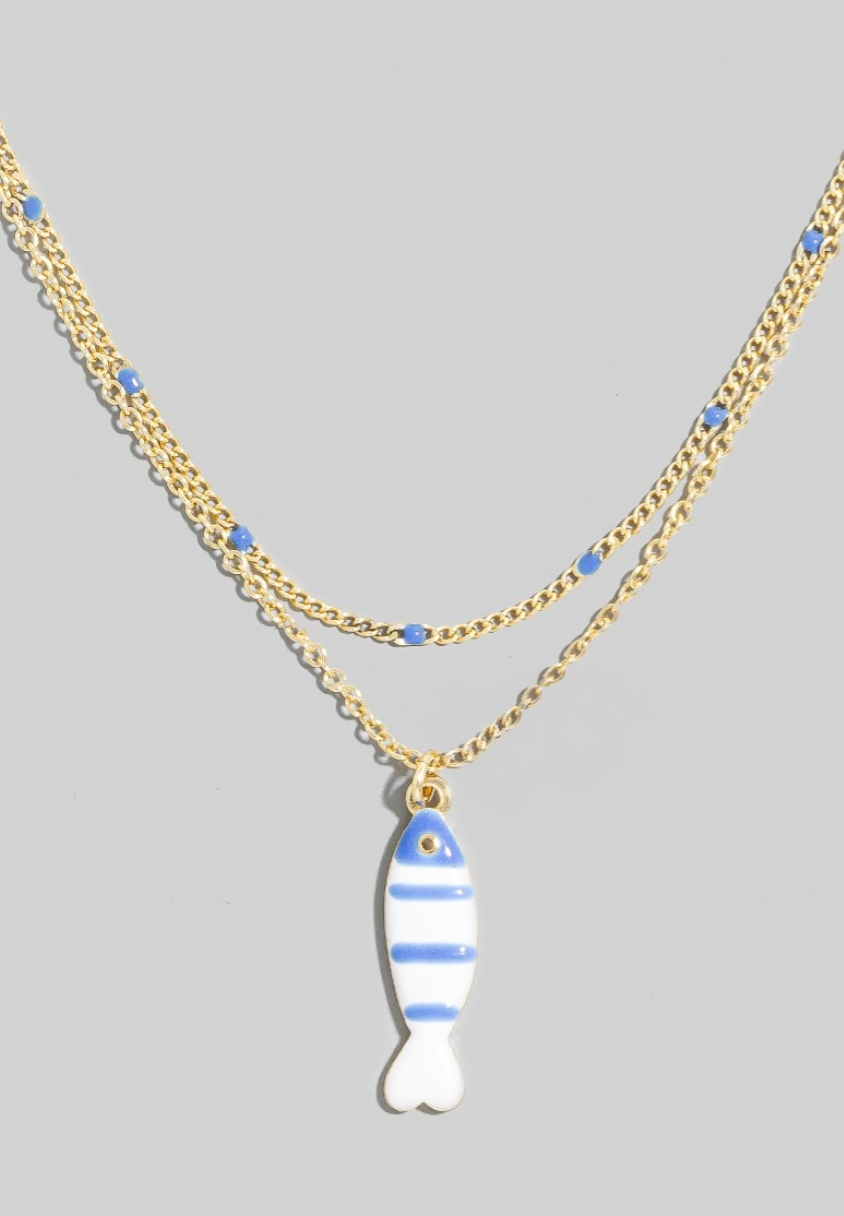 Enamel Fish Pendant Layered Chains Necklace