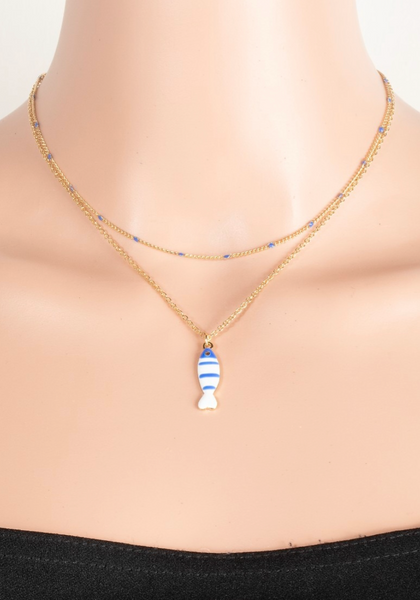 Enamel Fish Pendant Layered Chains Necklace