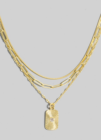 Gold Dipped Cz Dog Tag Pendant Necklace