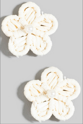 Raffia Flower Stud Earrings - white