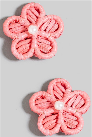 Raffia Flower Stud Earrings - coral