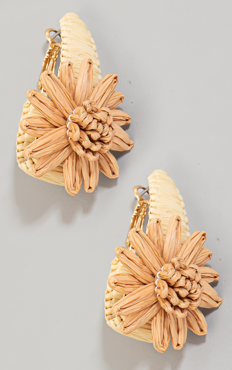 Raffia Braided Flower And Hoop Earrings
