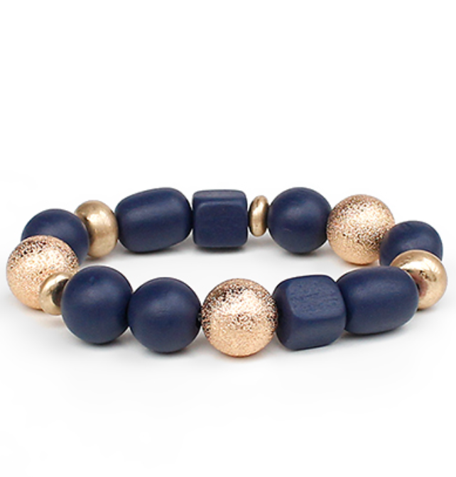 Navy Beads Wood Square Accent Bracelet