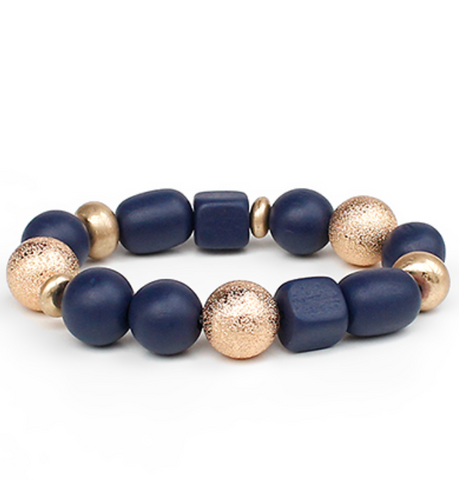 Navy Beads Wood Square Accent Bracelet