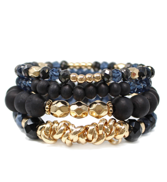 Black 4 Row Wood & Glass Bead Bracelet