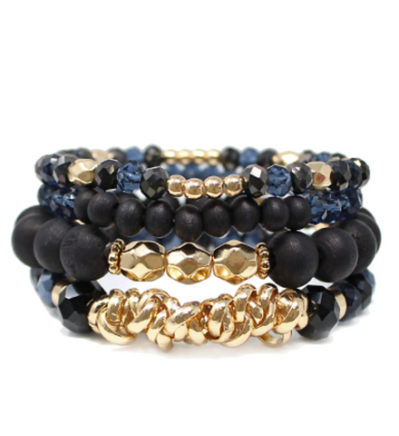 Black 4 Row Wood & Glass Bead Bracelet