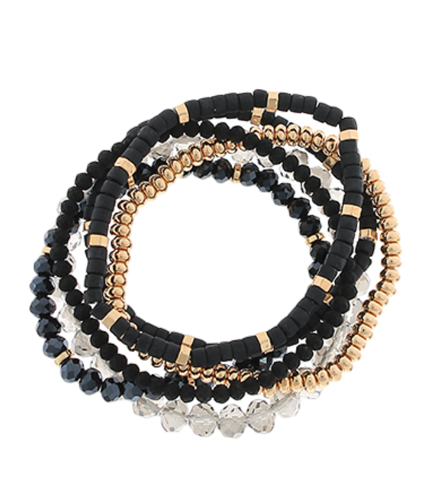 Black/Gold 6 Row Wood & Glass Bead Bracelet