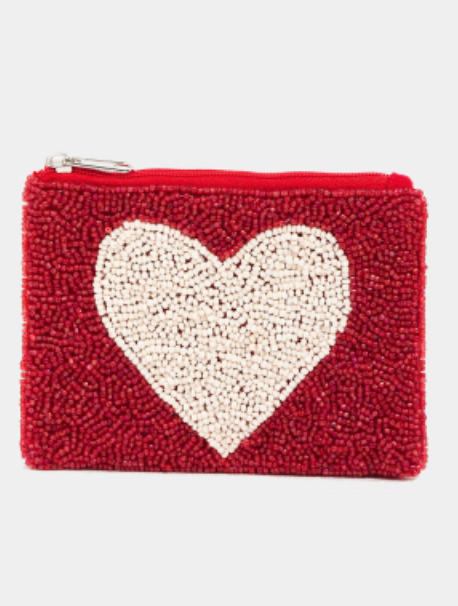 White Heart Seed Bead Coin purse Pouch