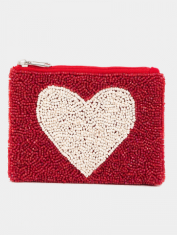 White Heart Seed Bead Coin purse Pouch