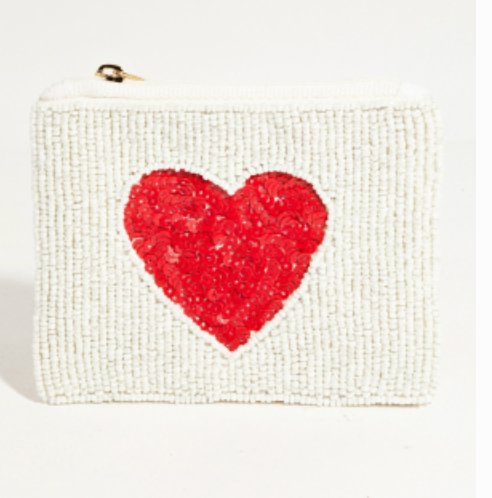 Red Heart White Beaded Coin Purse