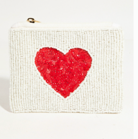 Red Heart White Beaded Coin Purse