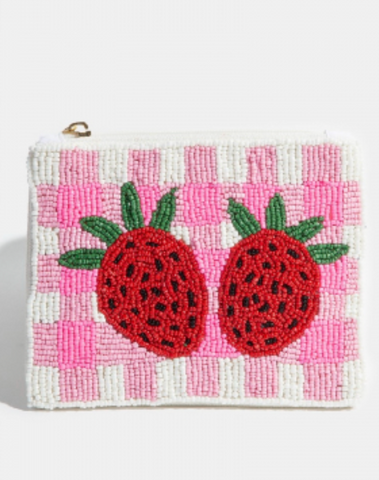 Double Strawberry Coin Purse Seed Beaded