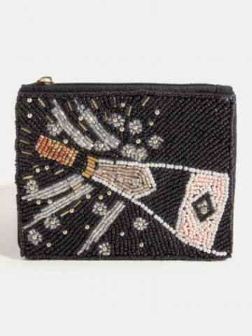 Sparkling Champagne Bottle Seed Beaded Coin Purse