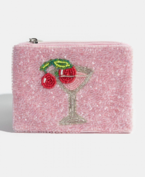Cherry Glass Martini Beaded Coin Purse