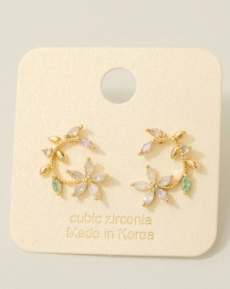Leaf And Flower Circle Stud Earrings