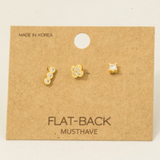 3Pc Flat Back Cz Clover Bar Stud Earrings Set
