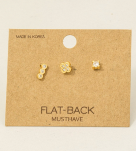 3Pc Flat Back Cz Clover Bar Stud Earrings Set
