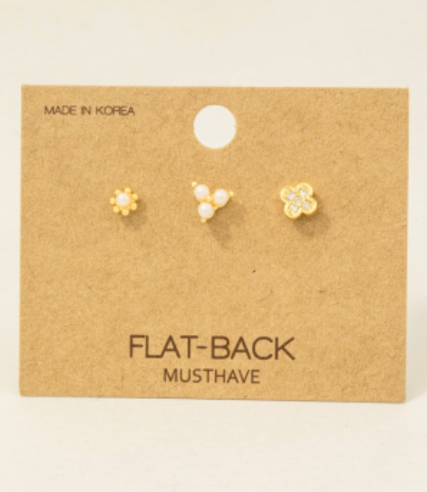 3Pc Flat Back Pearl And Cz Studded Stud Earrings Set