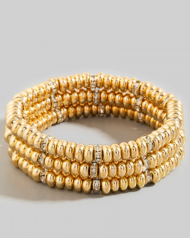 Gold Rhinestone And Metallic Disc Beaded Bracelet Set
